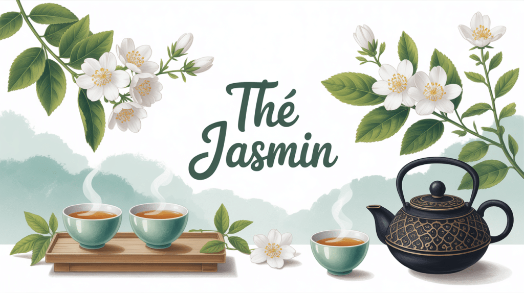 illustration tea jasmin théière fleurs ambiance zen