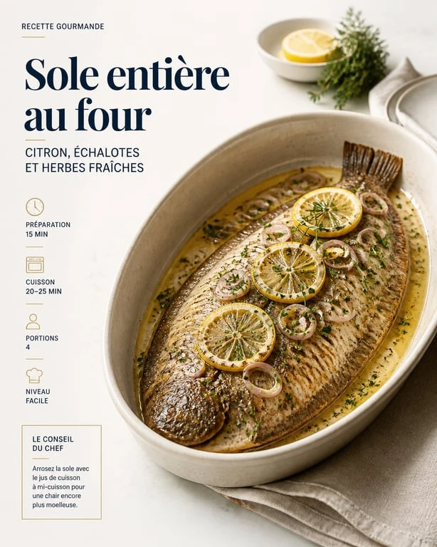 Sole au four aux agrumes et herbes fraîches dans un plat de service