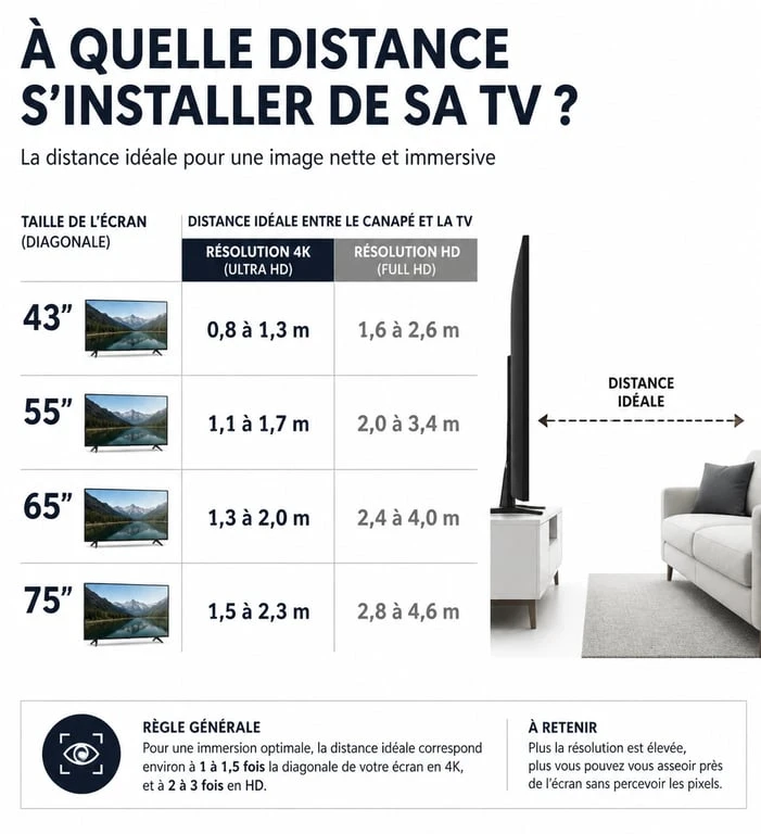 Infographie montrant la distance idéale entre tv et canapé selon la taille de l'écran et la résolution
