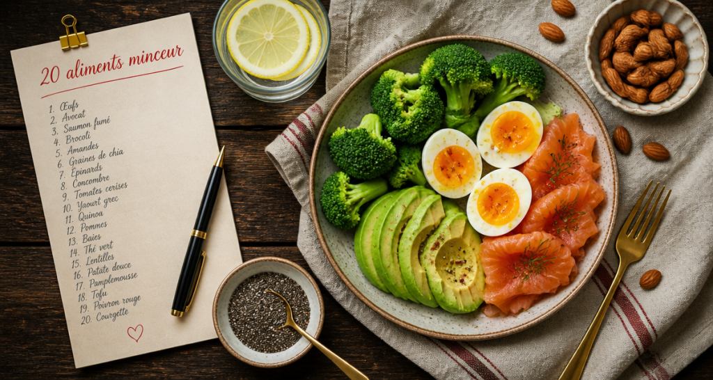 Les 20 aliments qui font maigrir présentés sur une table gourmande