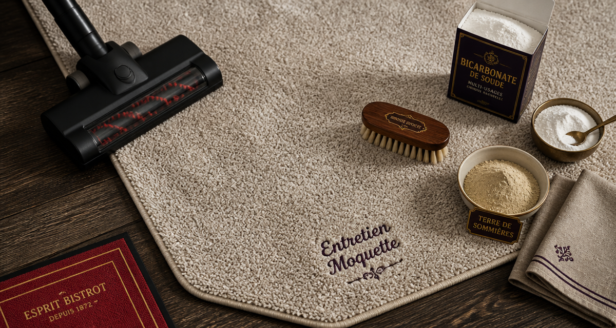 nettoyer une moquette avec accessoires naturels sur tapis beige