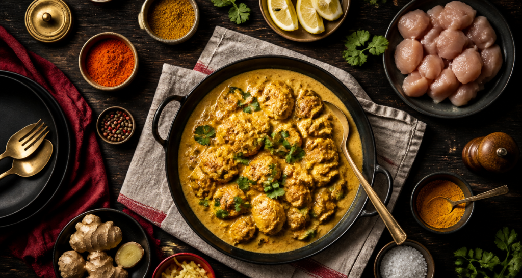 Plat a base de poulet curry fondant lait coco et épices