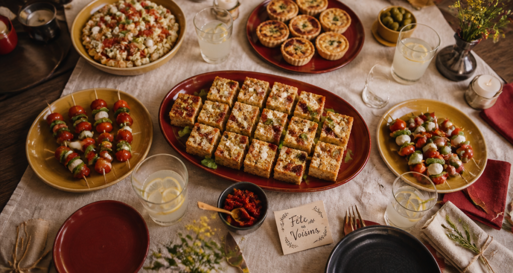 quel plat pour la fête des voisins cake salé et apéritif sur table