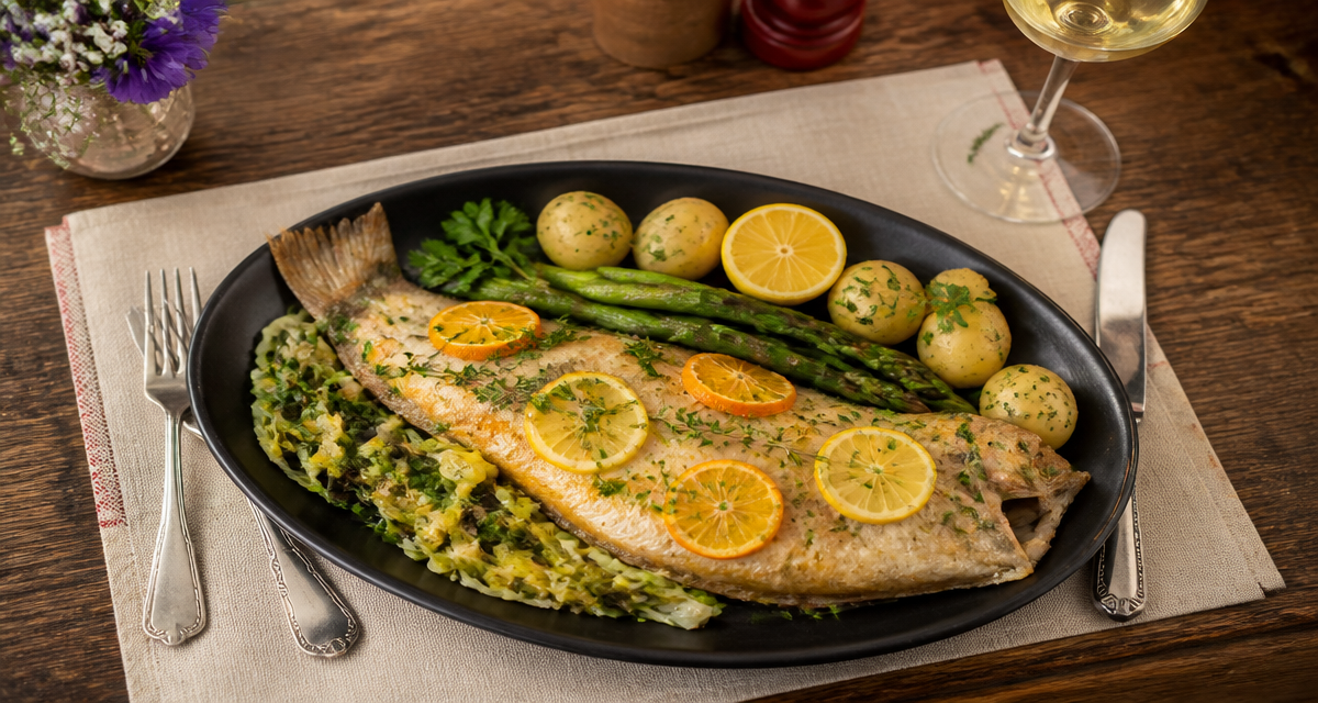 Sole au four, citron, légumes, herbes