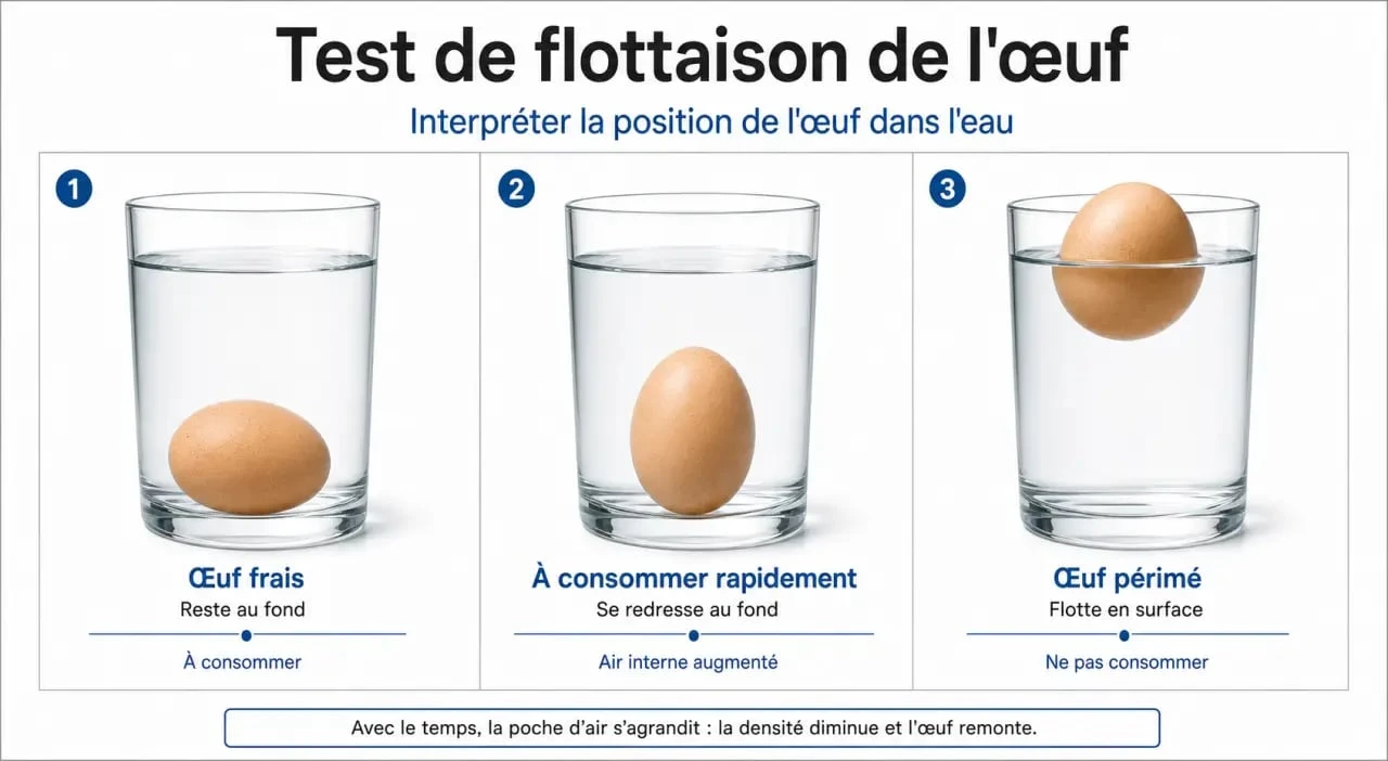 Test de fraîcheur de l'œuf dans l'eau pour vérifier si un œuf périmé est encore bon