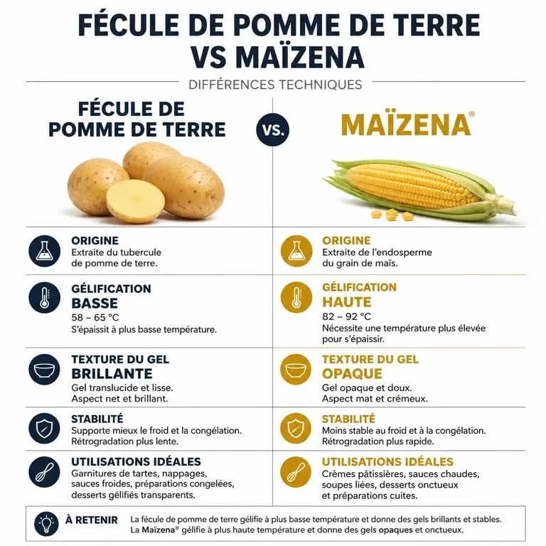 Infographie comparative des propriétés techniques de la fécule de pommes de terre et de la Maïzena