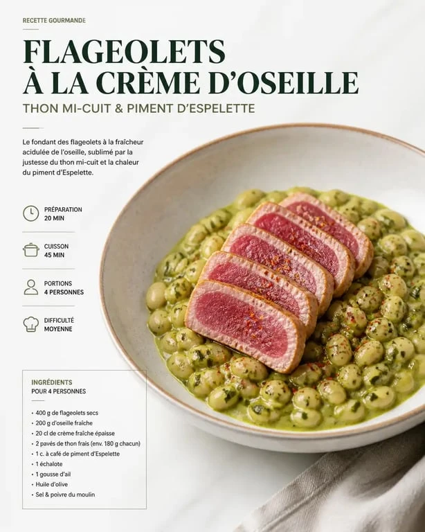 Assiette de flageolets à la crème d'oseille et thon snacké, un accompagnement flageolet raffiné et moderne.