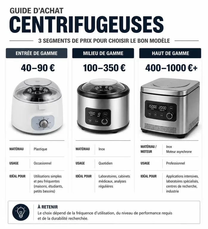Infographie comparative des prix et caractéristiques des centrifugeuses selon les gammes