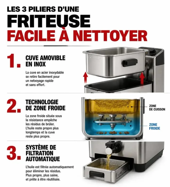 Infographie des caractéristiques d'une friteuse facile à nettoyer