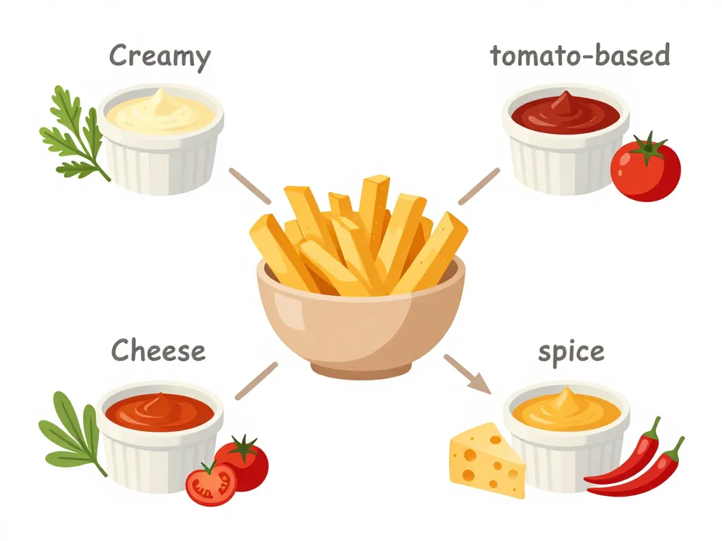 schéma des grandes familles de sauce pour frites autour de frites dorées