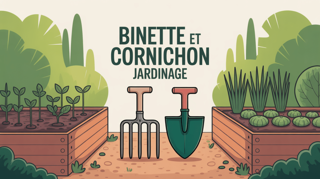 binette et cornichon illustrés dans un potager