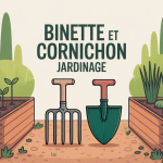 binette et cornichon illustrés dans un potager