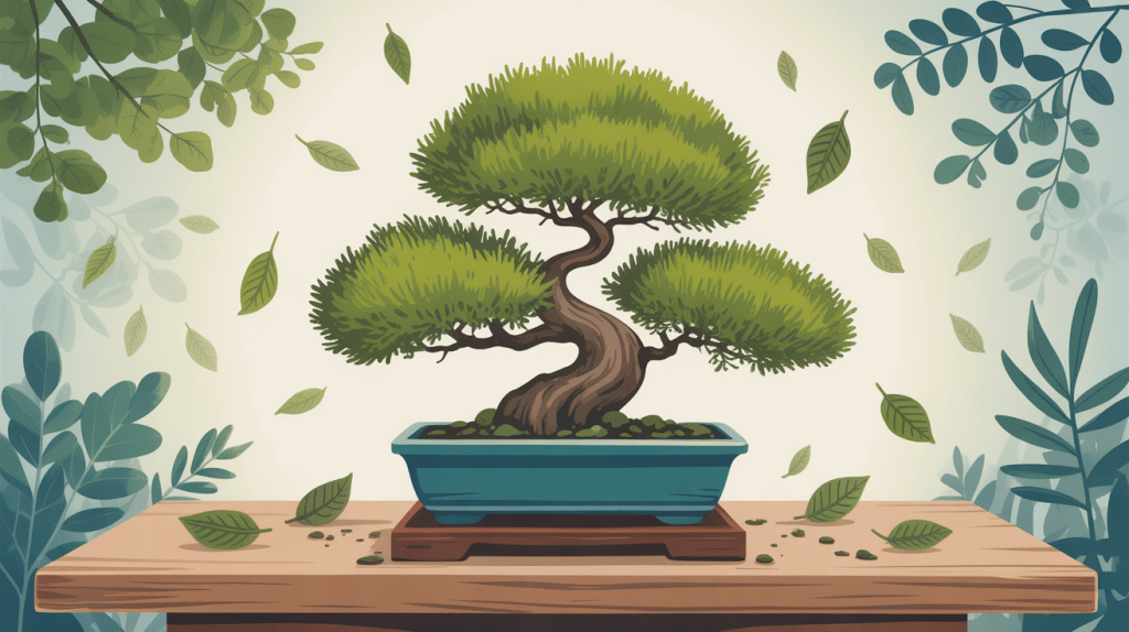 bonsai perd ses feuilles sur table avec feuilles tombées