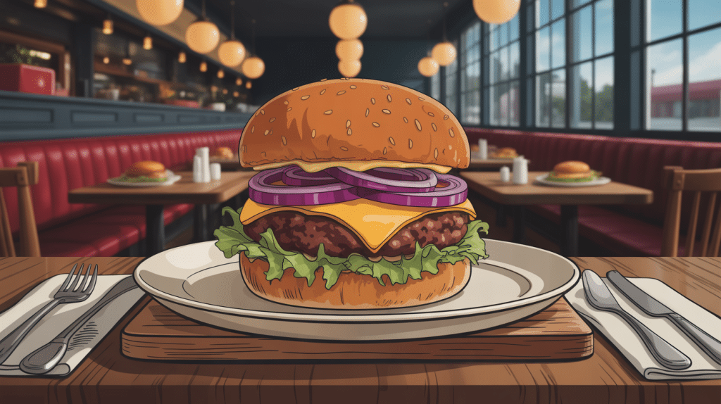 burger melt gourmand avec fromage coulant sur table de diner