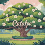 Illustration du catalpa arbre d'ornement avec feuillage en coeur et fleurs blanches