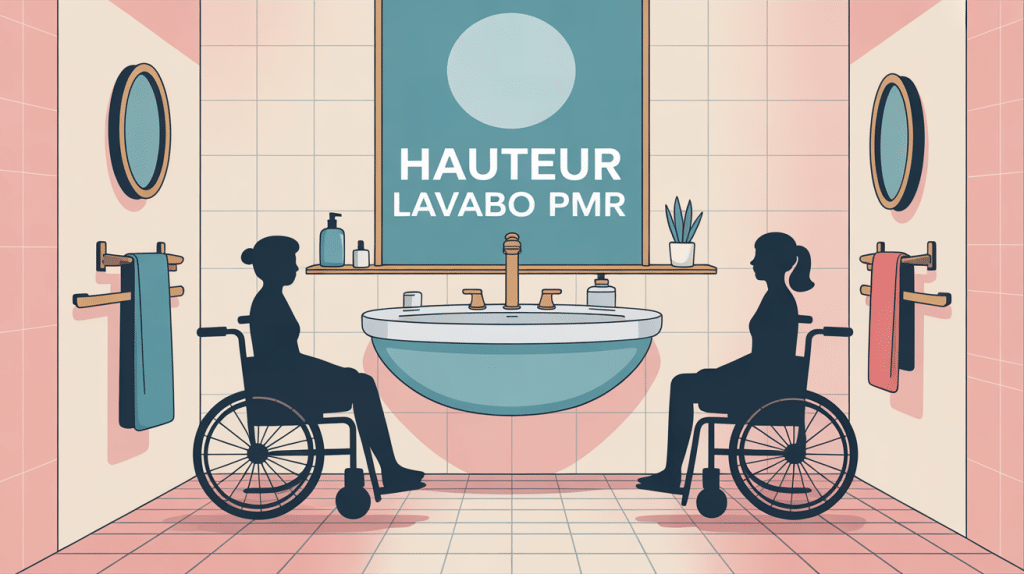 Illustration hauteur lavabo pmr avec personne en fauteuil
