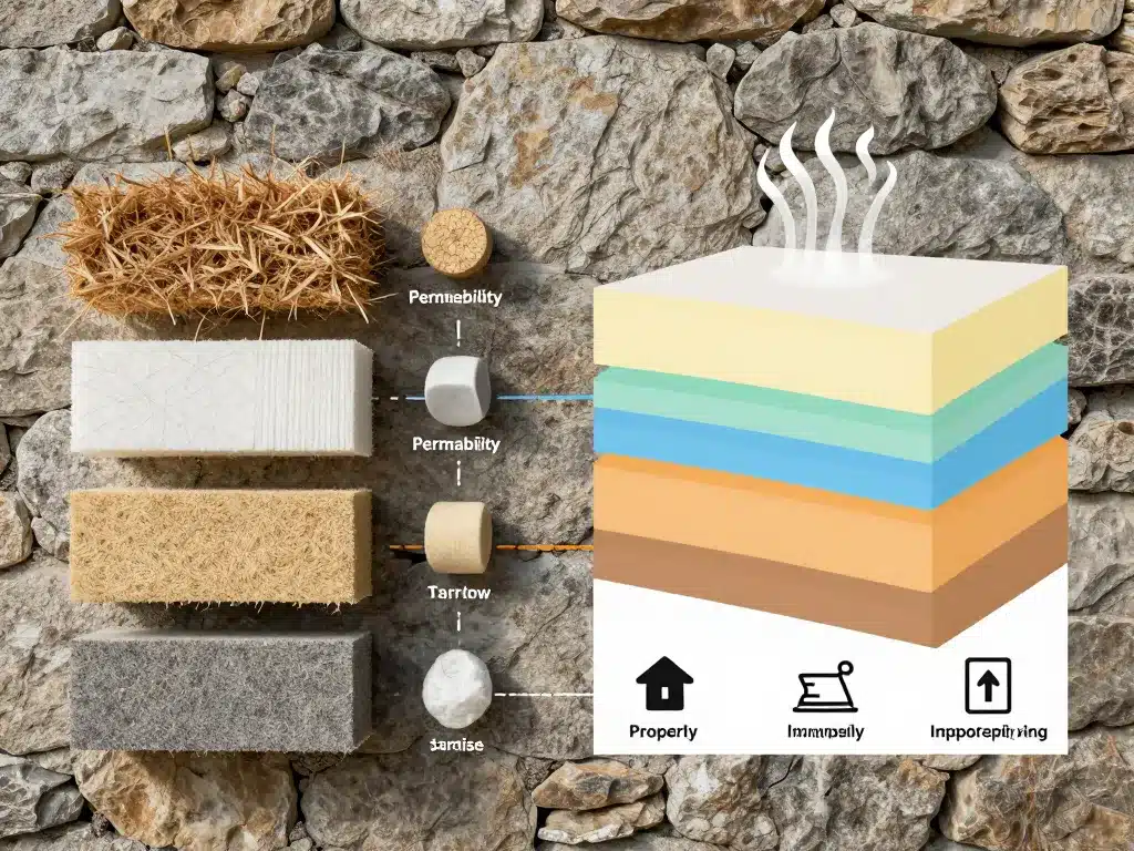 diagramme isolation mur intérieur maison ancienne, matériaux biosourcés et systèmes adaptés