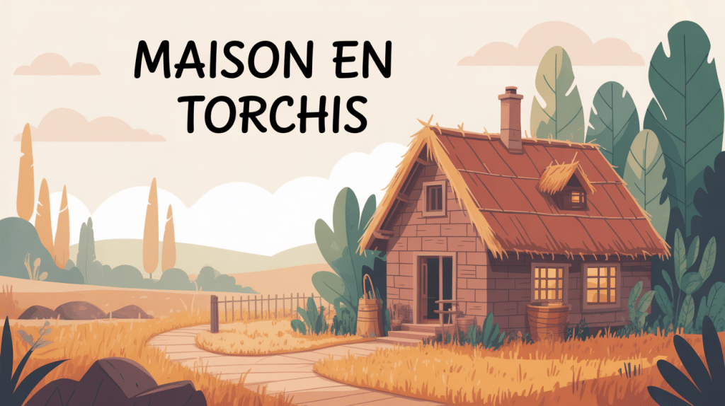 Maison en torchis entourée de végétation et matériaux naturels