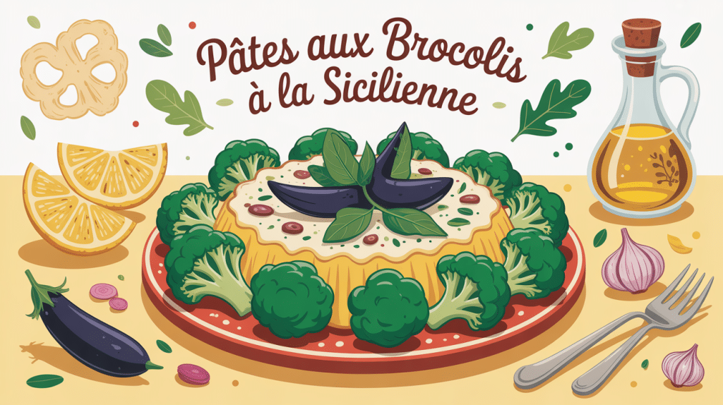 Illustration pâtes aux brocolis à la sicilienne ambiance méditerranéenne