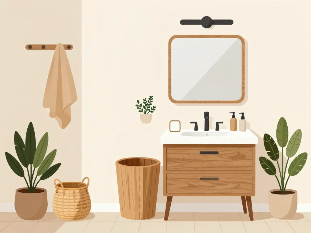 poubelle de salle de bain bois intégrée à une décoration scandinave bohème minimaliste
