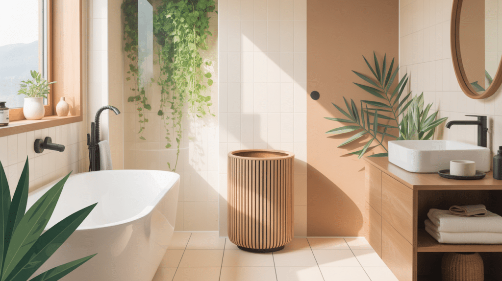 poubelle de salle de bain bois dans une salle de bain élégante