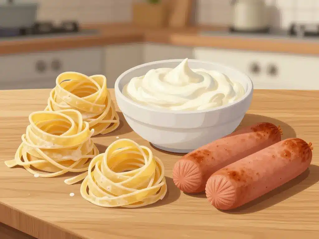 recette pâte saucisse creme fraîche ingrédients sur table