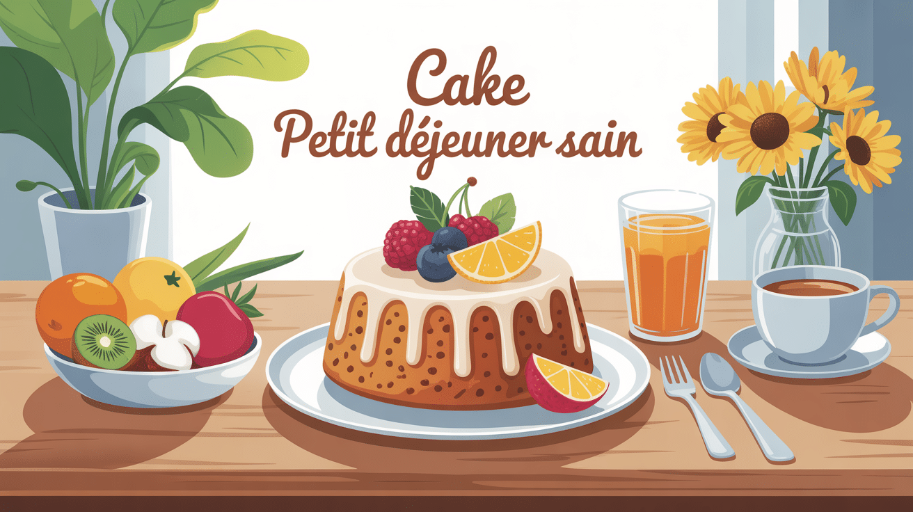 cake petit déjeuner sain avec fruits, céréales, oléagineux et boisson chaude