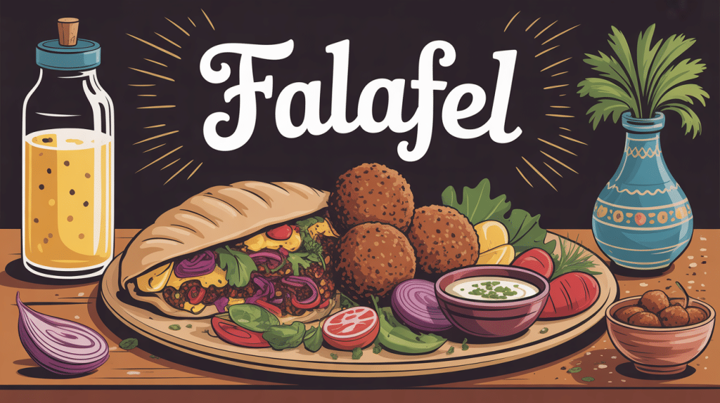 falafel origine plat, boulettes dorées, pita, légumes, sauce tahini