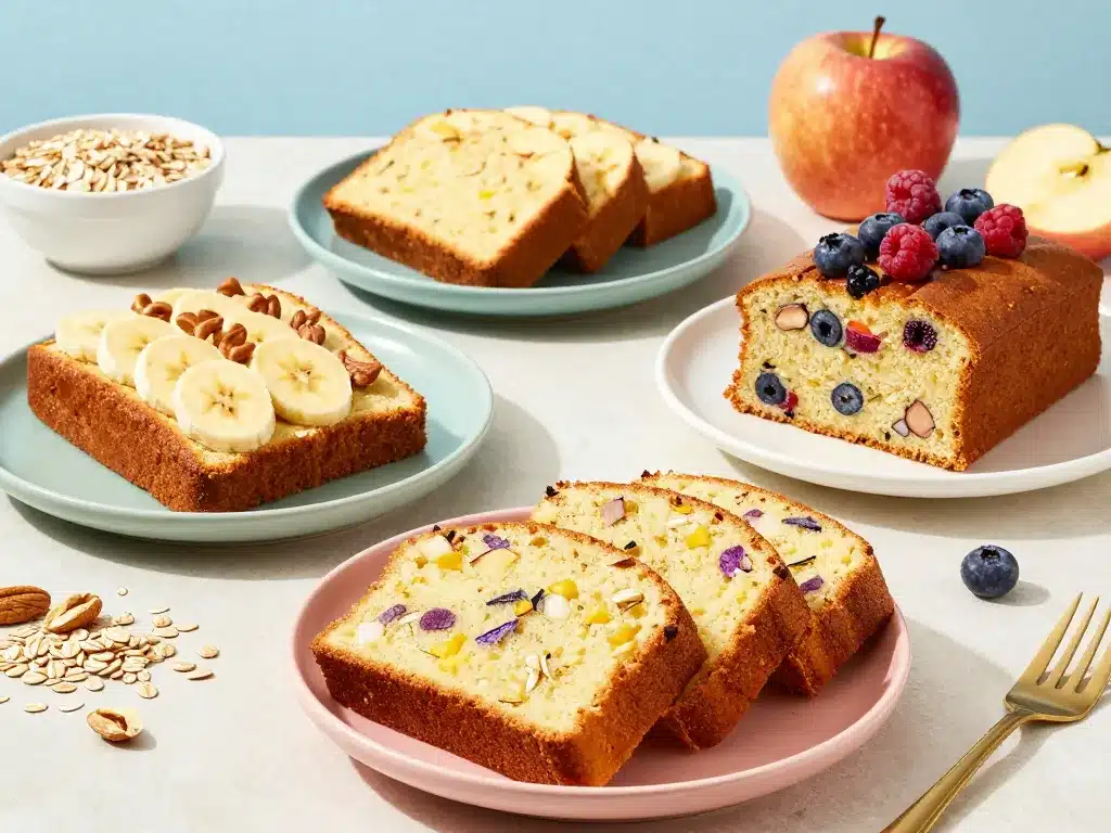 idées cake petit déjeuner sain avec fruits, flocons, noix, scènes recettes