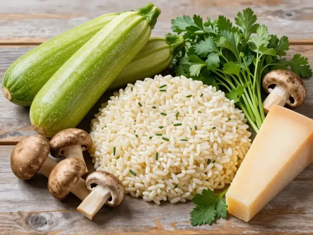 Ingrédients risotto aux courgettes et champignons vue d'ensemble