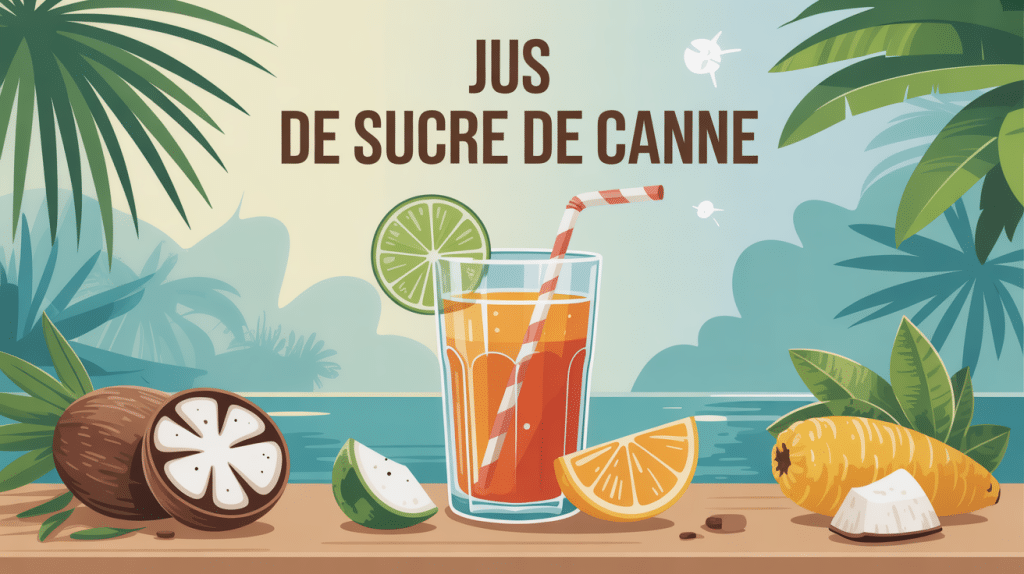 jus de sucre de canne verre sur fond tropical