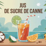 jus de sucre de canne verre sur fond tropical