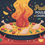 Illustration recette paella poulet et chorizo sur table conviviale