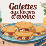 Recettes galettes flocons d'avoine en illustration sur table avec ingrédients