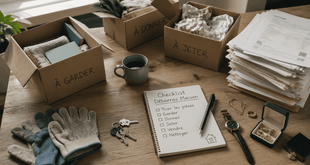 Vidage maison cartons et checklist sur table