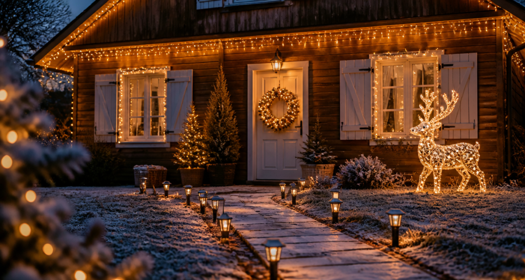 decoration noel exterieur avec guirlandes et renne lumineux
