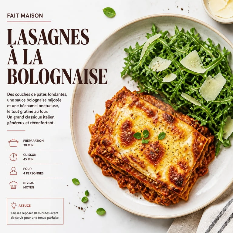 Accompagnement pour lasagne : part de lasagnes à la bolognaise servie avec une salade de roquette et parmesan