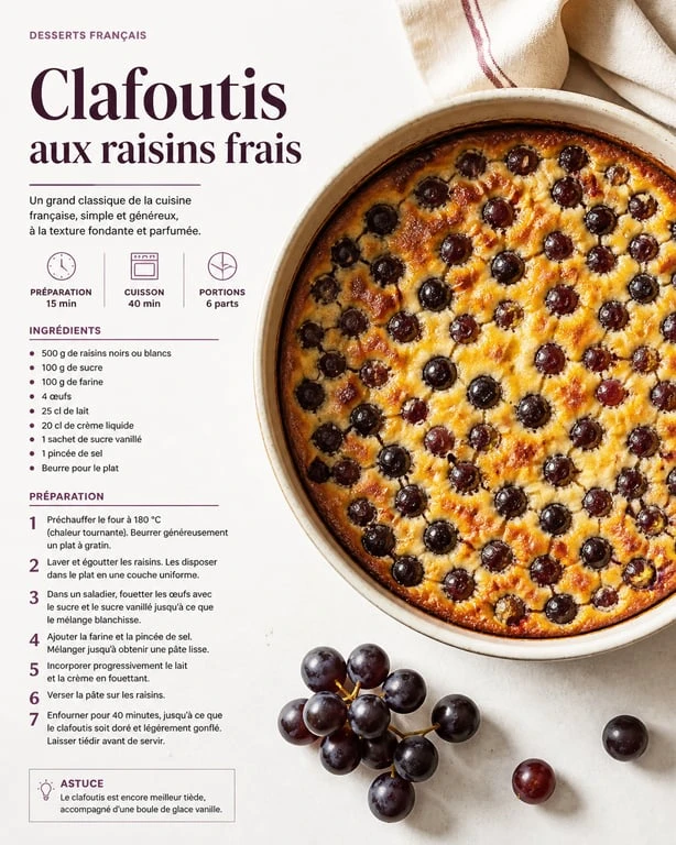 Clafoutis aux raisins frais, une recette au raisin gourmande et facile à réaliser.