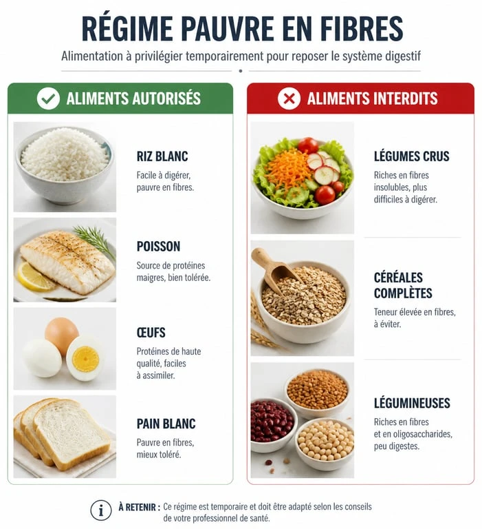 Infographie comparative des aliments autorisés et interdits dans le cadre d'un régime sans fibres pour la santé digestive