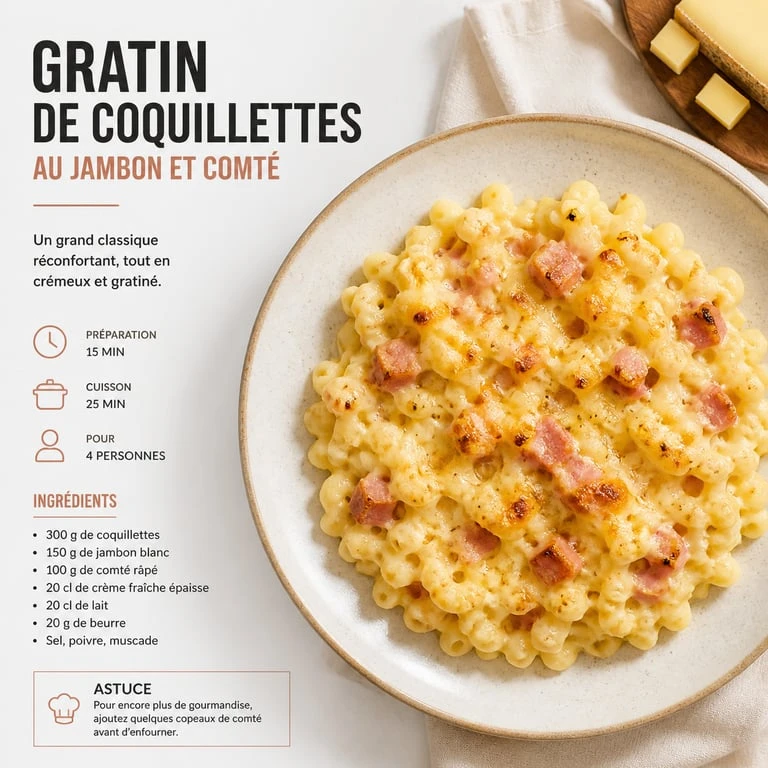 Gratin de coquillettes au jambon et comté, recette facile et pas chère