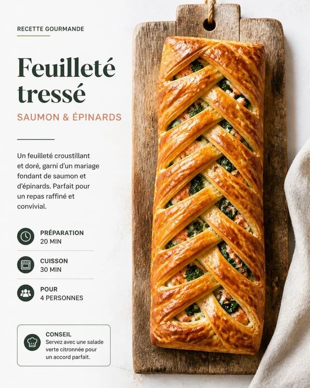 Feuilleté tressé au saumon et épinards croustillant pour une recette avec de la pâte feuilletée