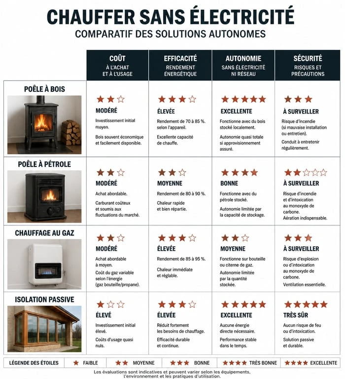 Tableau comparatif des solutions pour chauffer une pièce sans électricité