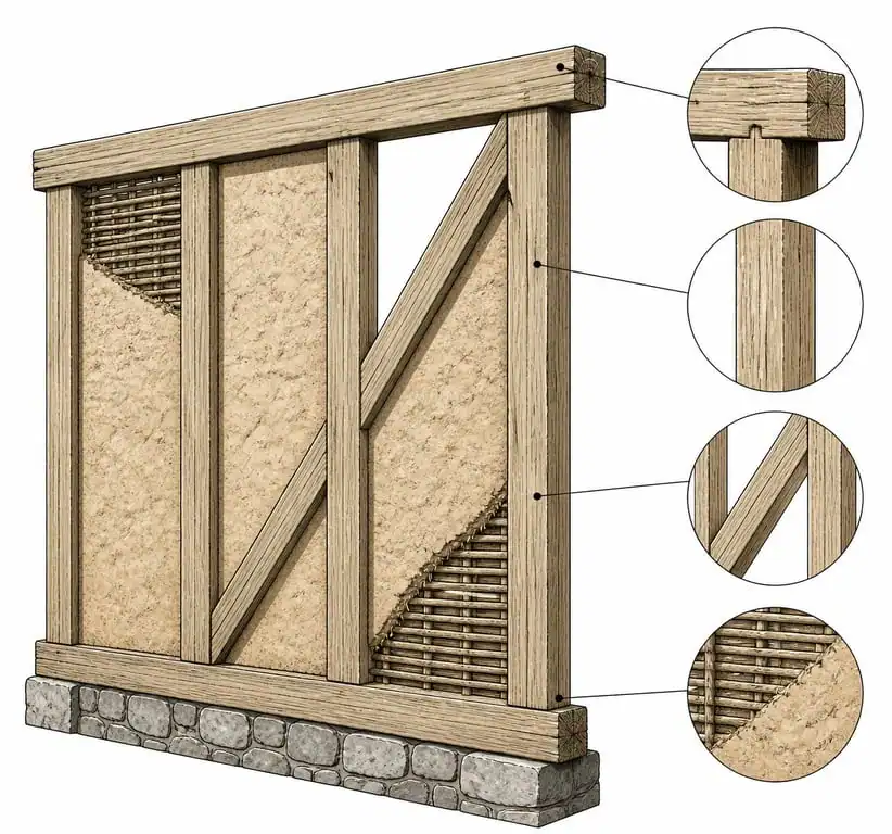 Schéma technique de la structure d'une maison à colombages