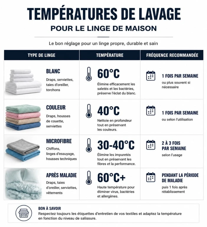 Tableau récapitulatif des températures et fréquences pour laver les serviettes de bain et linge de maison