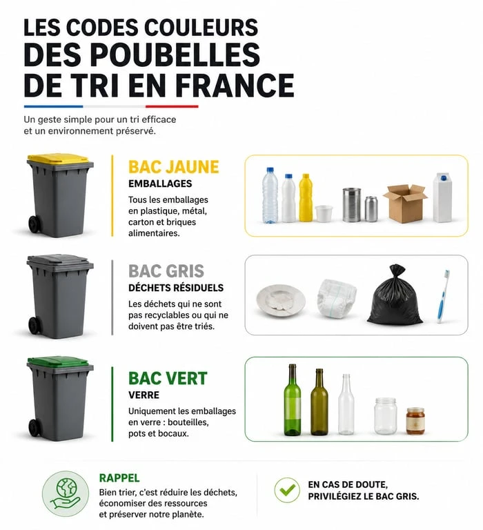 Infographie des consignes de tri et codes couleurs des poubelles pour jeter dans la poubelle correctement