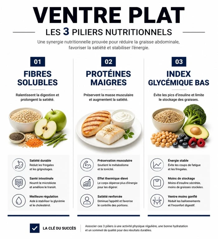 Infographie des piliers nutritionnels pour perdre le ventre et réduire la graisse abdominale