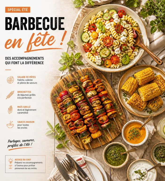 Table de barbecue avec divers accompagnements : salades, légumes grillés et sauces maison pour un repas convivial