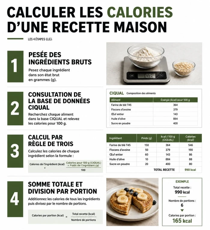 Infographie des 4 étapes pour calculer les calories d'une recette maison