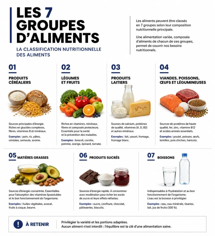 Infographie des 7 groupes d'aliments pour une alimentation équilibrée
