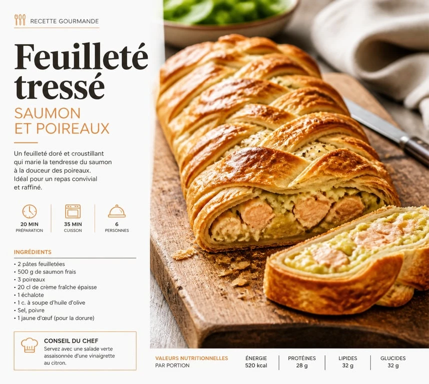 Feuilleté tressé au saumon et poireaux, recette feuilleté salé maison